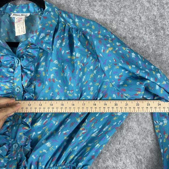 Vintage Neiman Marcus Dress Womens Medium Blue Printed Ruffle Retro USA Made - Picture 8 of 16
